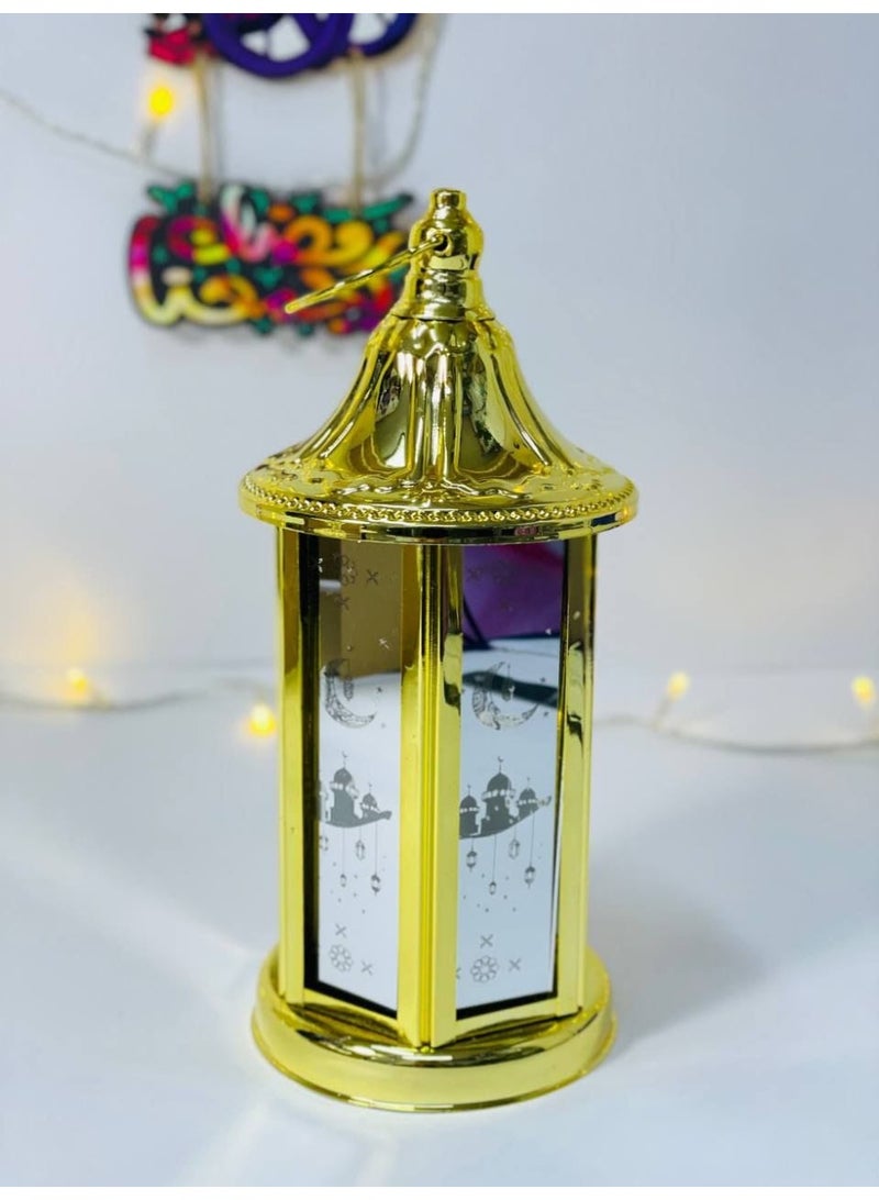 Hexagonal metal Ramadan lantern with printed glass, golden lantern, illuminated with lights and operates on clock batteries. Size: 22 cm - Image 2